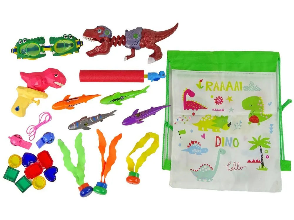 Dinozaurų nardymo rinkinys vaikams – žuvys, akiniai, vandens pistoletai, akmenukai